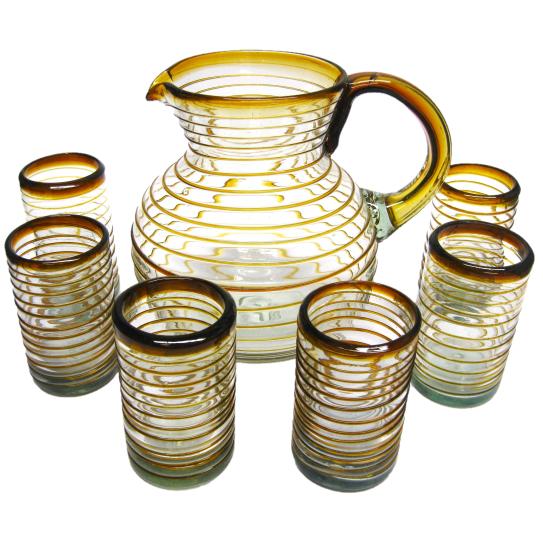 MEXICAN GLASSWARE / Amber Spiral 120 oz Pitcher and 6 Drinking Glasses set / Swirls of amber color embelish this set, perfect for serving cool drinks on a hot summer day.